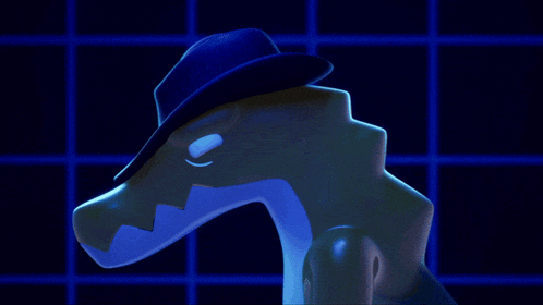 a cartoon character wearing a blue hat and a black jacket