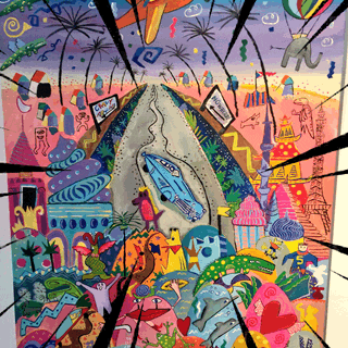a painting of a blue car driving down a road with a sign that says ' disneyland ' on it