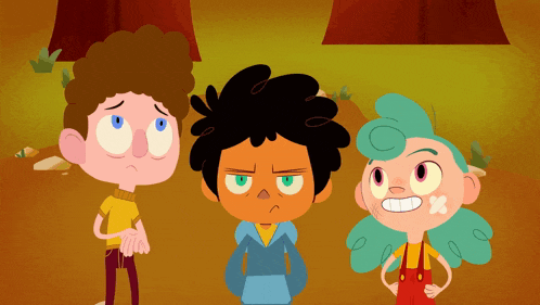 three cartoon characters are standing next to each other and one has a cross on her face