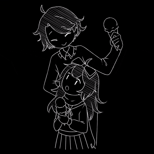 a black and white drawing of a boy and a girl holding ice cream cones .
