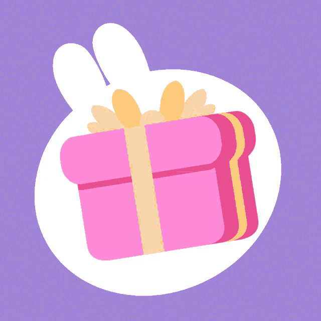 a pink gift box with a yellow ribbon in a white circle