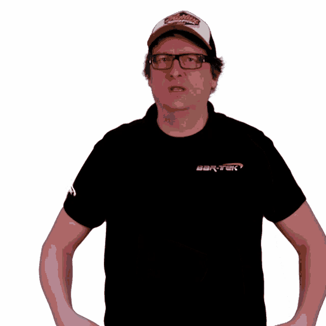 a man wearing a black shirt that says bart-tek on it