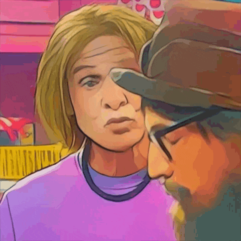 a cartoon drawing of a man and a woman with glasses