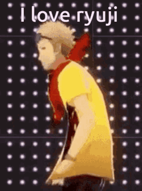 a man in a yellow shirt is dancing with the words `` i love ryuji '' written above him .