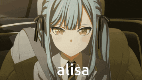 a girl with blue hair is sitting in a car and the word alisa is above her head