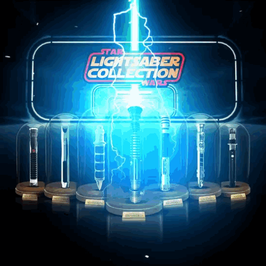 several lightsabers are displayed in glass cases under a sign that says star light saber collection wars