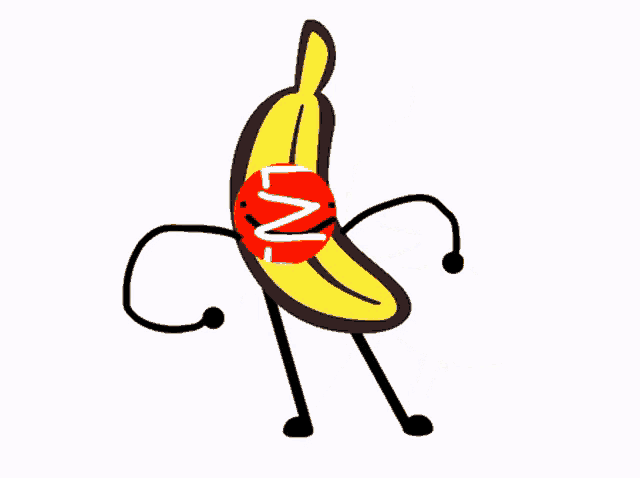a cartoon drawing of a banana with arms and legs holding a red ball with the letter n on it