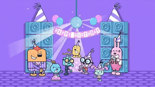 a group of cartoon characters are dancing in front of a banner that says happy birthday