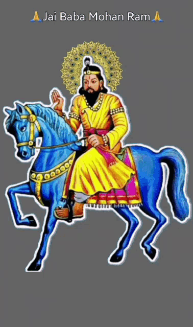 a cartoon of a man riding a blue horse with the words jai baba mohan ram on the bottom