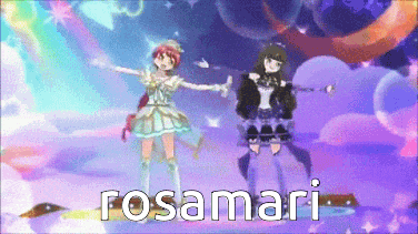 two anime girls are standing next to each other and the name rosamari is on the bottom right