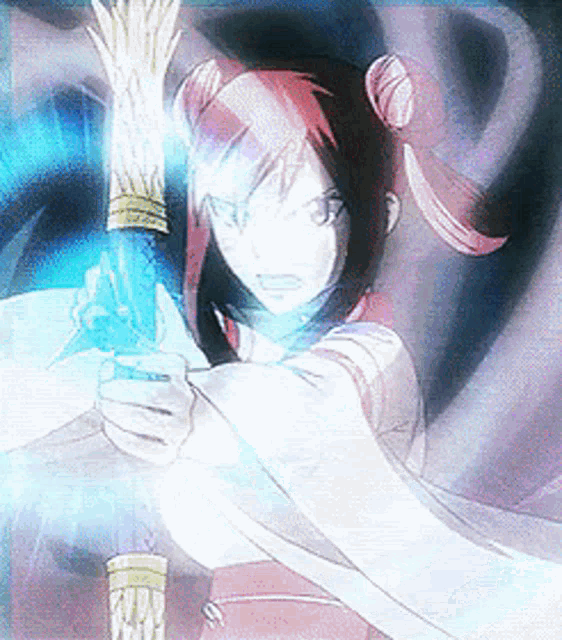 a girl with red hair is holding a sword with a blue light coming out of it