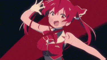 a red haired anime girl is dancing in a dark room .