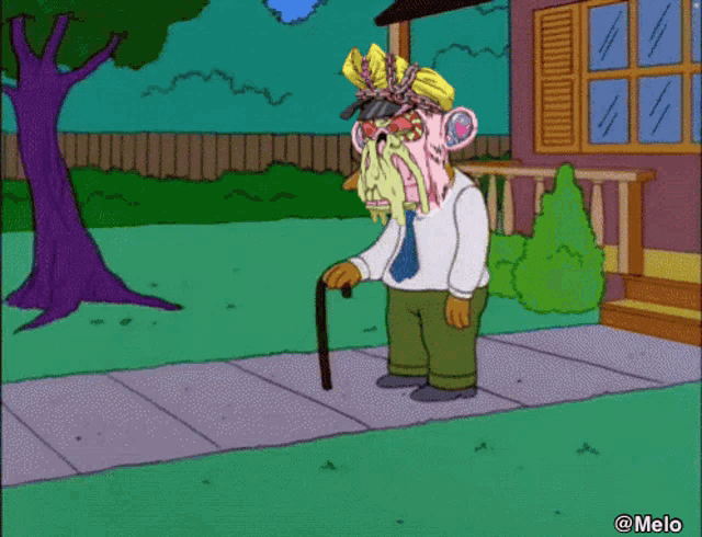 a cartoon of a man with a cane standing in front of a house with the watermark @melo