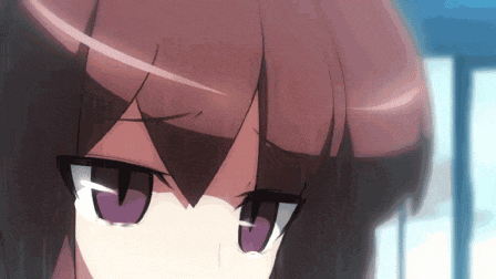 a close up of a girl 's face with purple eyes and brown hair