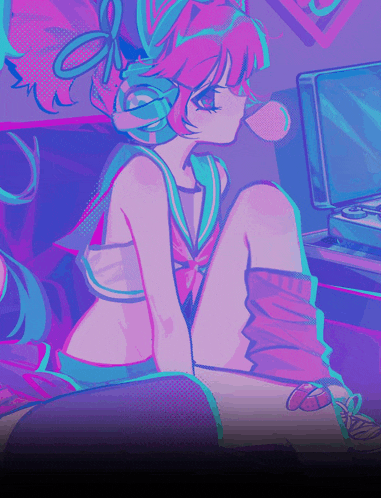a colorful drawing of a girl sitting in front of a laptop