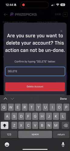 a prizepicks app on a cell phone asking if you want to delete your account