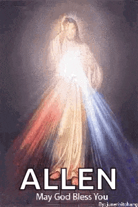 a painting of jesus with the words `` allen may god bless you '' written below it .