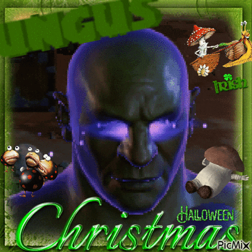 a picture of a man with purple eyes and the words halloween christmas on it