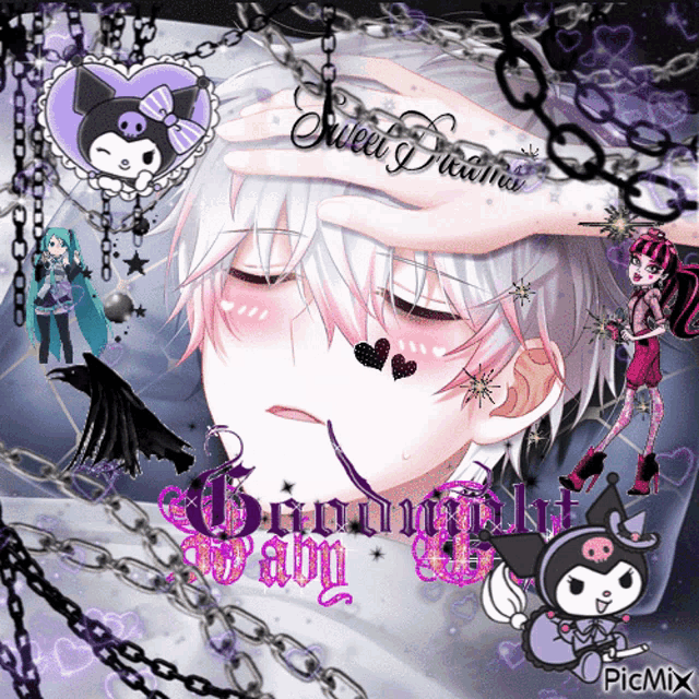 a picture of a boy with a hand on his forehead that says sweet dream