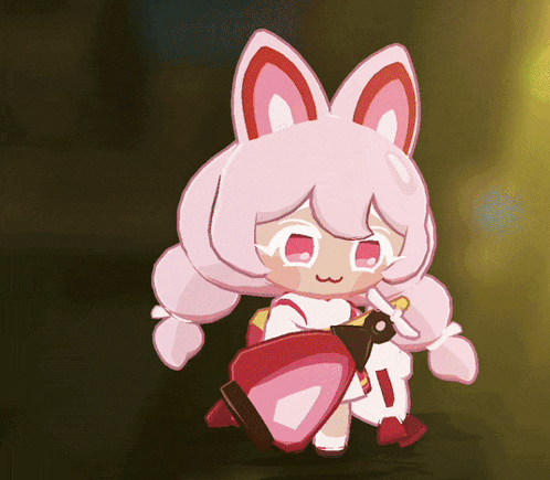 a cartoon character with pink hair and ears is holding a red shield