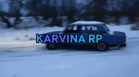 a blue car is driving on a snowy road with the words karvina rp written on it