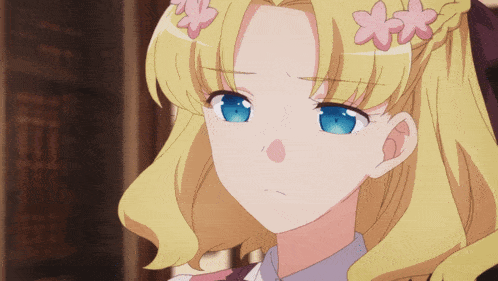 a girl with blonde hair and blue eyes has three pink flowers in her hair