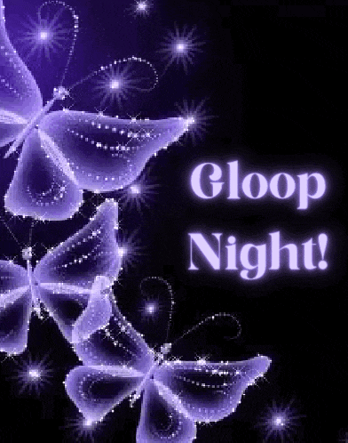 a gloop night card with purple butterflies and stars on a black background