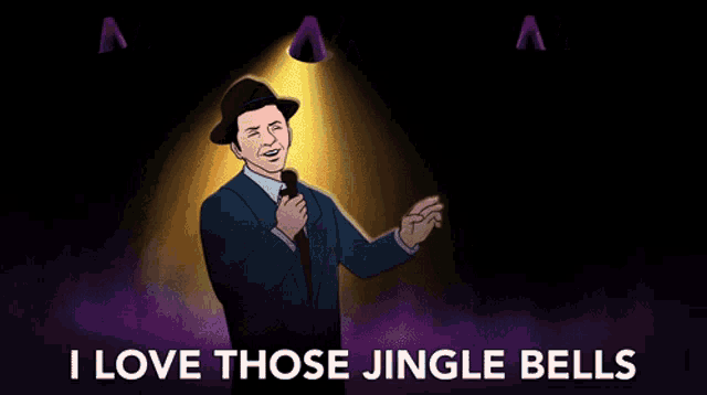 a man singing into a microphone with the words i love those jingle bells behind him
