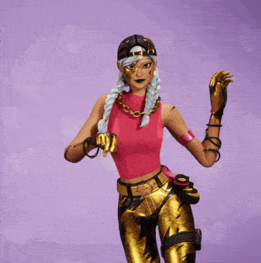 a girl in a pink top and gold pants is standing with her arms outstretched