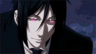 a close up of a person 's face with red eyes and a black suit and tie .