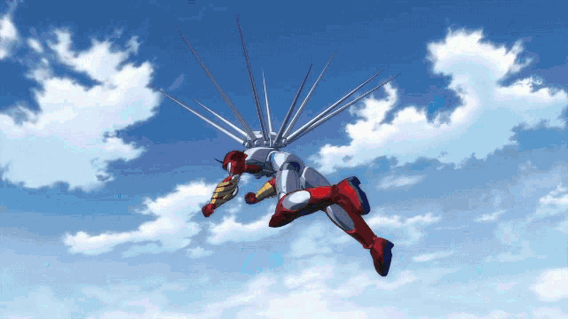 a robot is flying through the air with a blue sky behind him