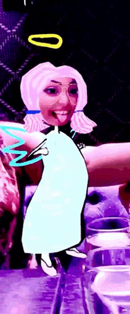 a cartoon of a girl with pink hair and a blue dress