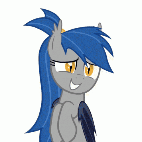 a cartoon pony with blue hair and yellow eyes smiles