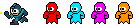 a row of pixel art ghosts in different colors including red blue pink and orange