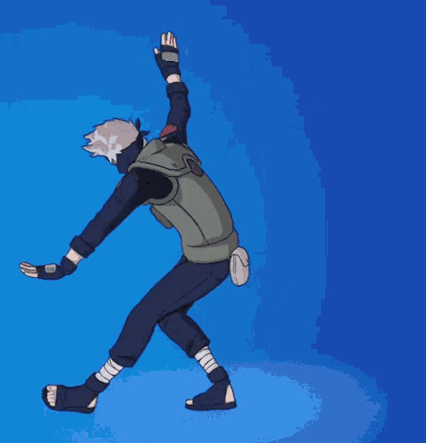 a cartoon character is dancing with his arms outstretched against a blue background