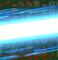 a blue light is shining on a green background with cartoon characters in the background .