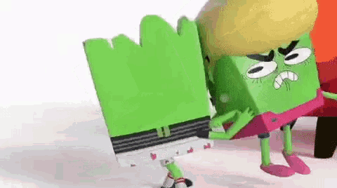 a cartoon character is standing next to another cartoon character and making a face .