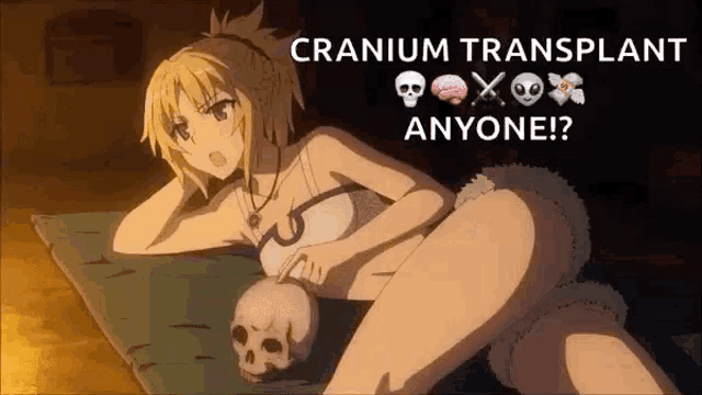 a naked anime girl is laying on a bed with a skull and the words cranium transplant anyone ?