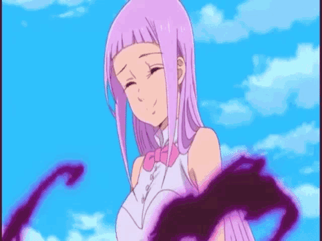 a girl with purple hair is standing in front of a blue sky with a purple arrow coming out of her chest .