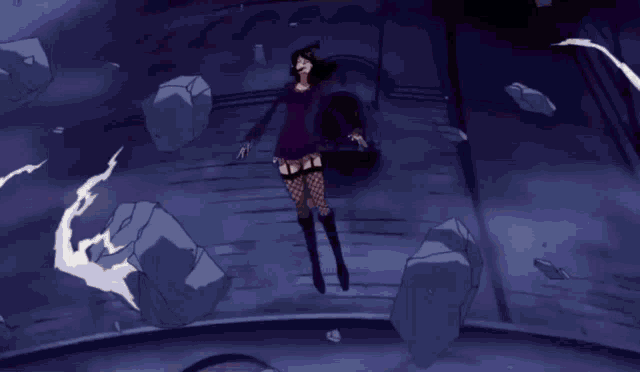 a woman in a purple dress is laying down with her hands crossed