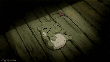 a cartoon cat is laying on a wooden floor with a rose .