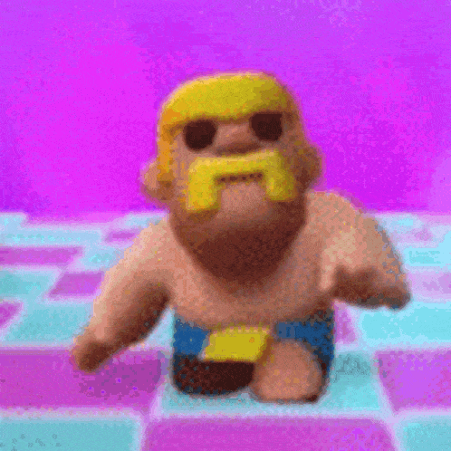 a cartoon character with a beard and mustache is sitting on a pink and blue tile floor .