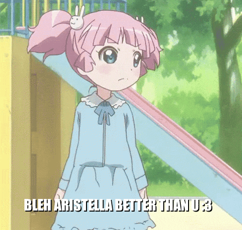 a girl with pink hair is standing in front of a slide and says " bleh aristolia better than u 3 "