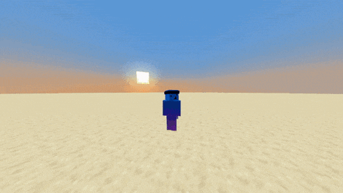 a blue and purple minecraft character stands in the sand