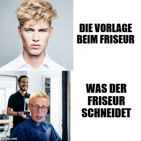 a picture of a man getting a haircut with the caption die vorlage beim friseur