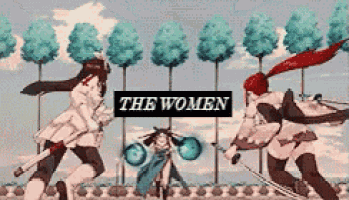 a group of women are fighting each other with swords in front of trees and a sign that says the women