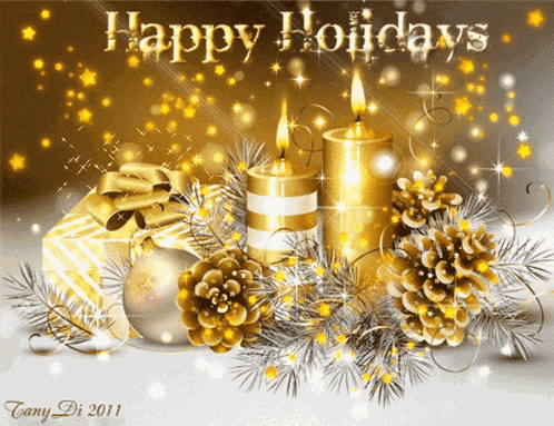 a christmas card with candles and pine cones and the words happy holidays