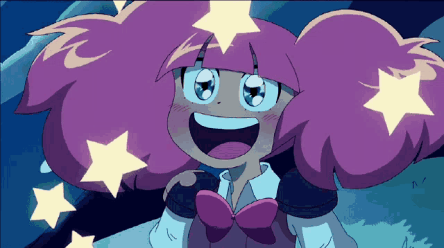 a cartoon girl with pink hair and stars on her head