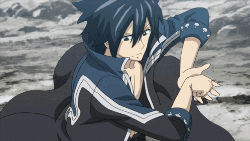 a black and blue anime character with a white stripe on his sleeve