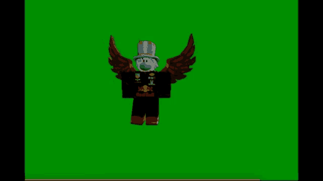 a roblox character wearing a top hat and wings is standing in front of a green screen .